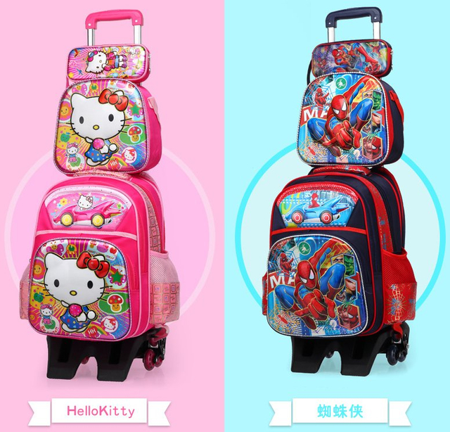 3D Cartoon School Trolley Bag Set with Lunch Bag Pencil Case for Children