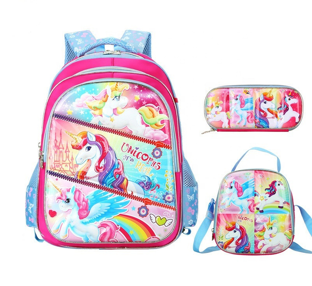 3D Girls Student Bookbag 3 in 1 School Backpack Set for Kids with Lunch Bag and Pencil Case