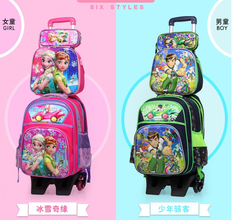 3D Cartoon School Trolley Bag Set with Lunch Bag Pencil Case for Children