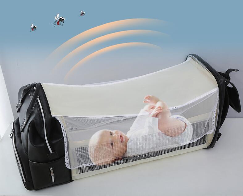 Stylish Multifunctional PU Leather Mommy Bag Diaper Backpack with Baby Crib