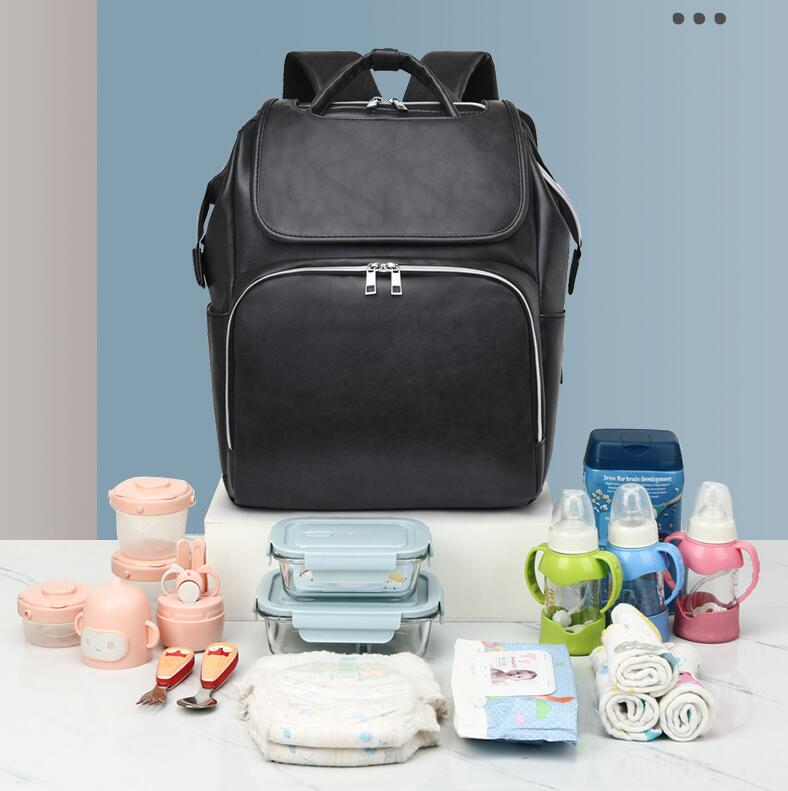 Stylish Multifunctional PU Leather Mommy Bag Diaper Backpack with Baby Crib