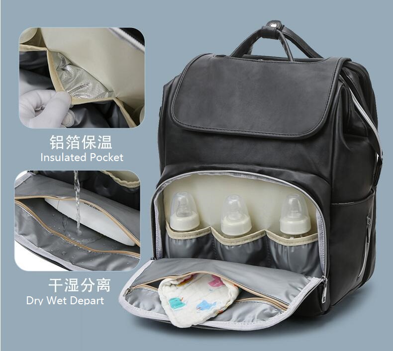 Stylish Multifunctional PU Leather Mommy Bag Diaper Backpack with Baby Crib