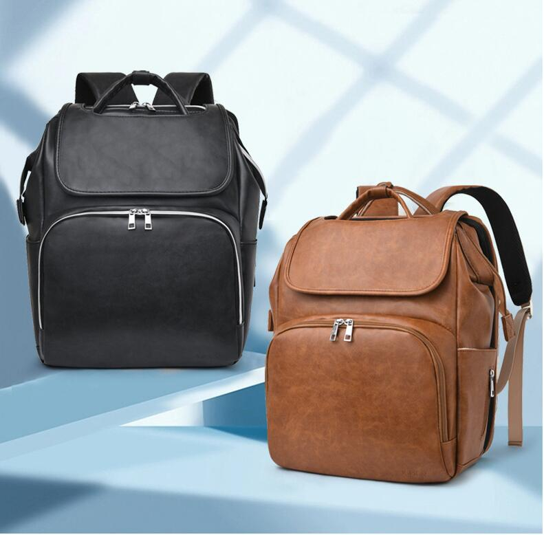 Stylish Multifunctional PU Leather Mommy Bag Diaper Backpack with Baby Crib