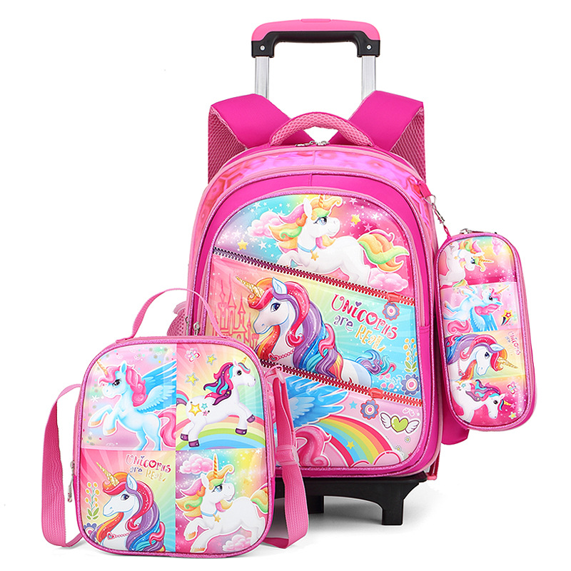pink color of 3D Trolley school backpack bag set for girls