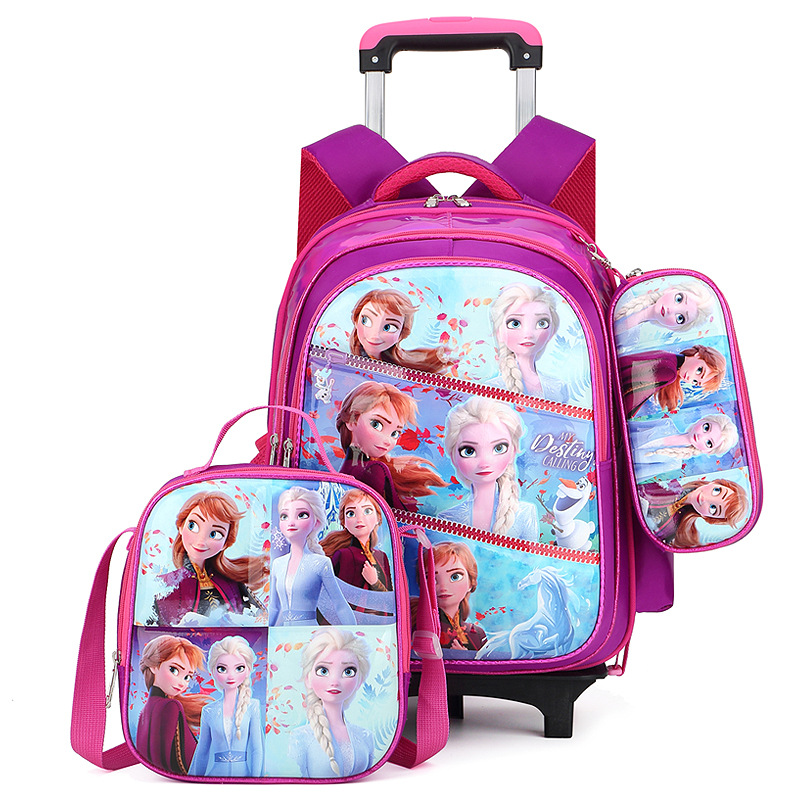 purple color Frozen of 3D Trolley school backpack bag set for girls