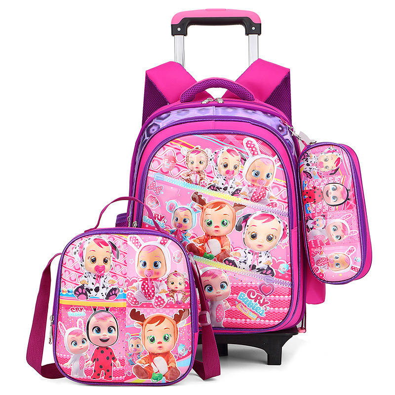 3pcs 3D Trolley school backpack bag set for girls purple color2